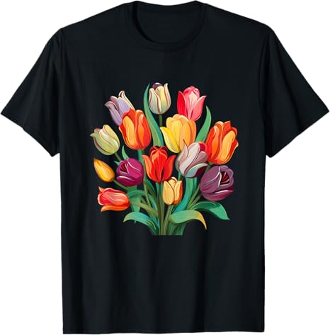 Black t-shirt with colorful tulip design on a white background
