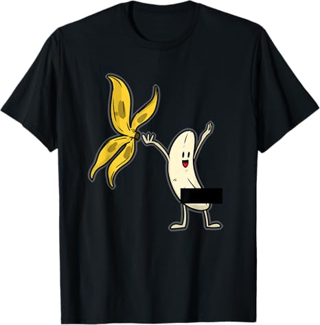 Black t-shirt with a cartoon banana character holding a banana peel on a white background