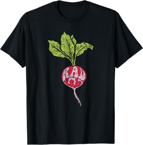 Black t-shirt with a radish graphic and 'RAD' text on a white background