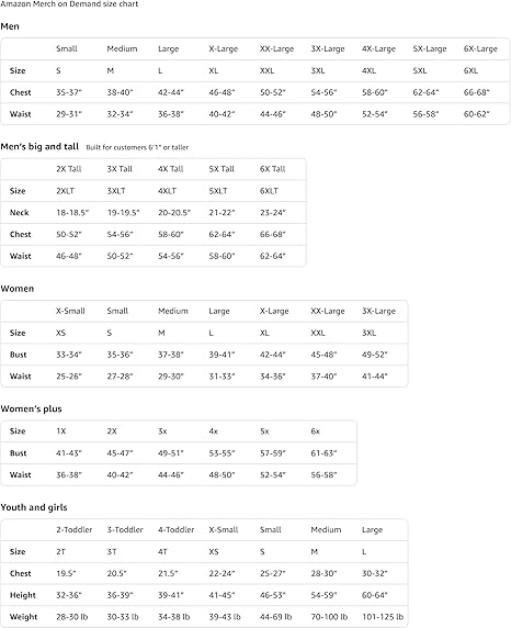 Amazon Men's and Women's size chart on a white background