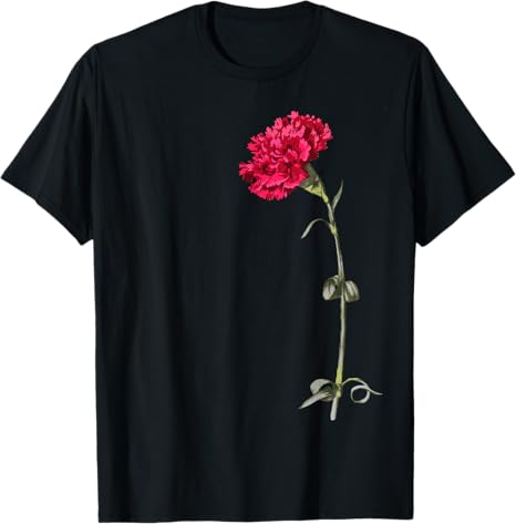 Black t-shirt with a red flower graphic on a white background