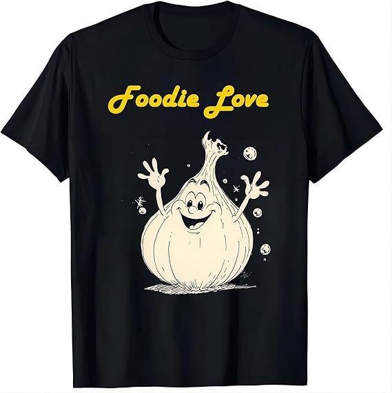 Black t-shirt with a cartoon onion character and 'Foodie Love' text on a white background