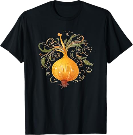Black t-shirt with a decorative onion design on a white background