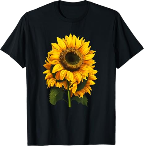 Black t-shirt with a yellow sunflower design on a white background